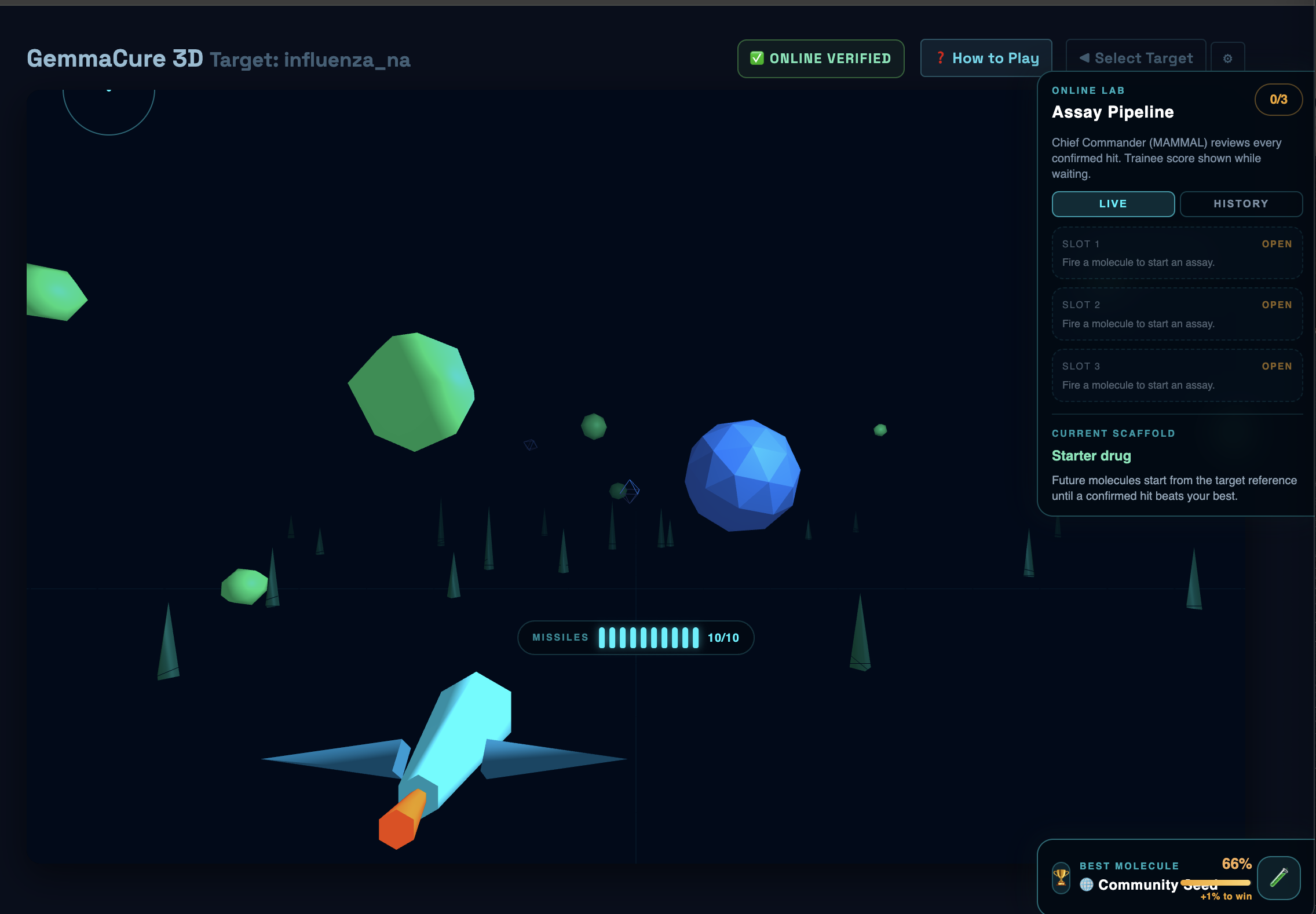 GemmaCure 3D gameplay screen showing the influenza target battle, assay pipeline, missile rack, and best molecule panel.